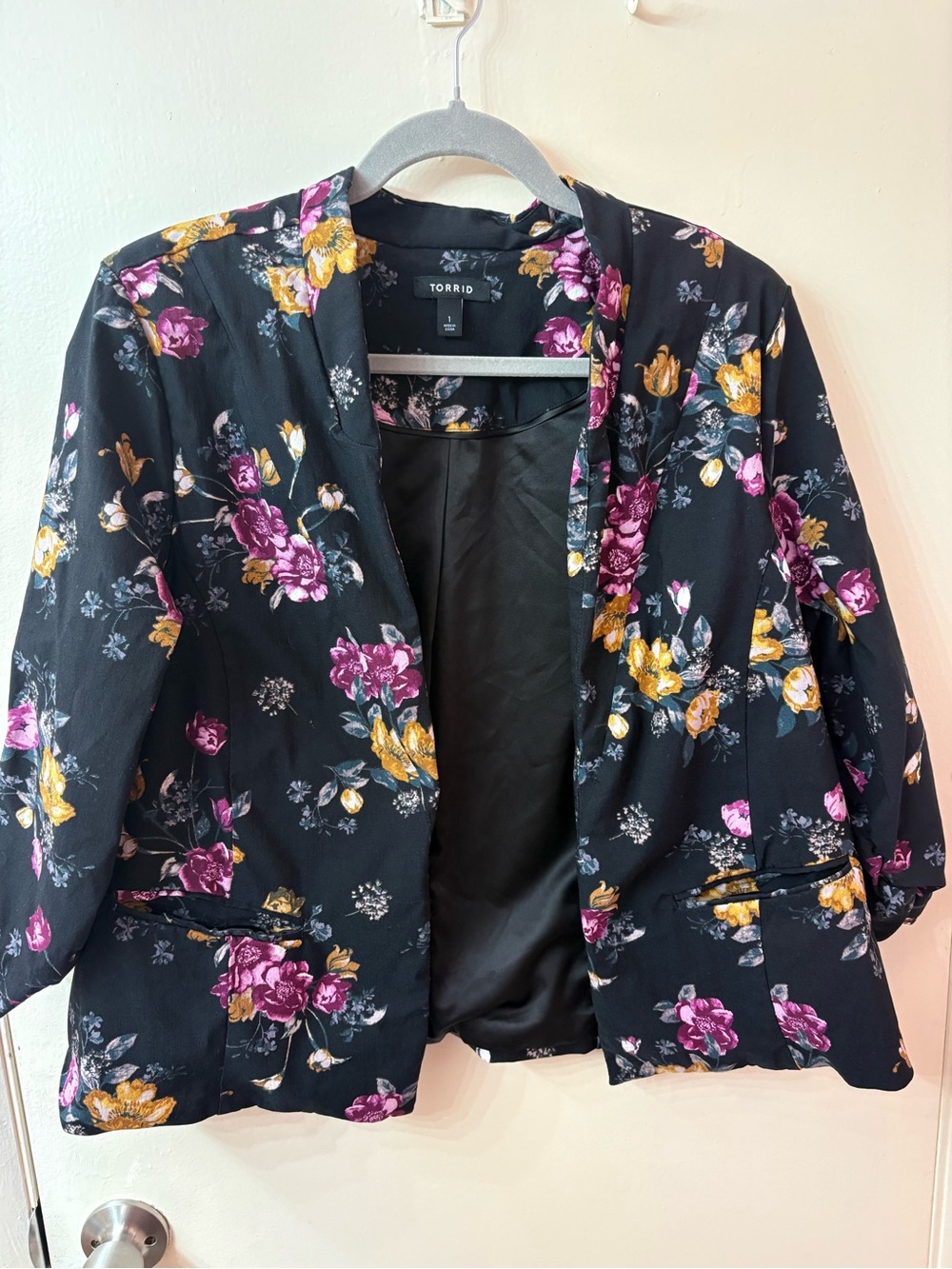 torrid Black Floral Open Blazer with Purple & Gold Blooms